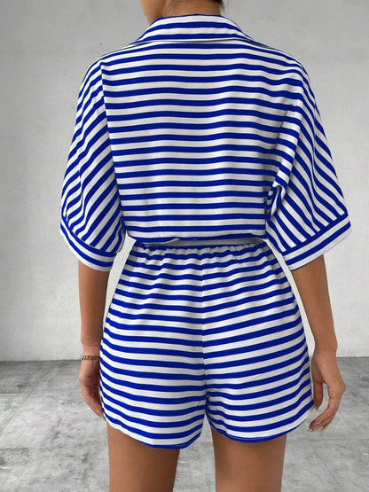 Tie Waist Half Button Striped Romper-Nordavory