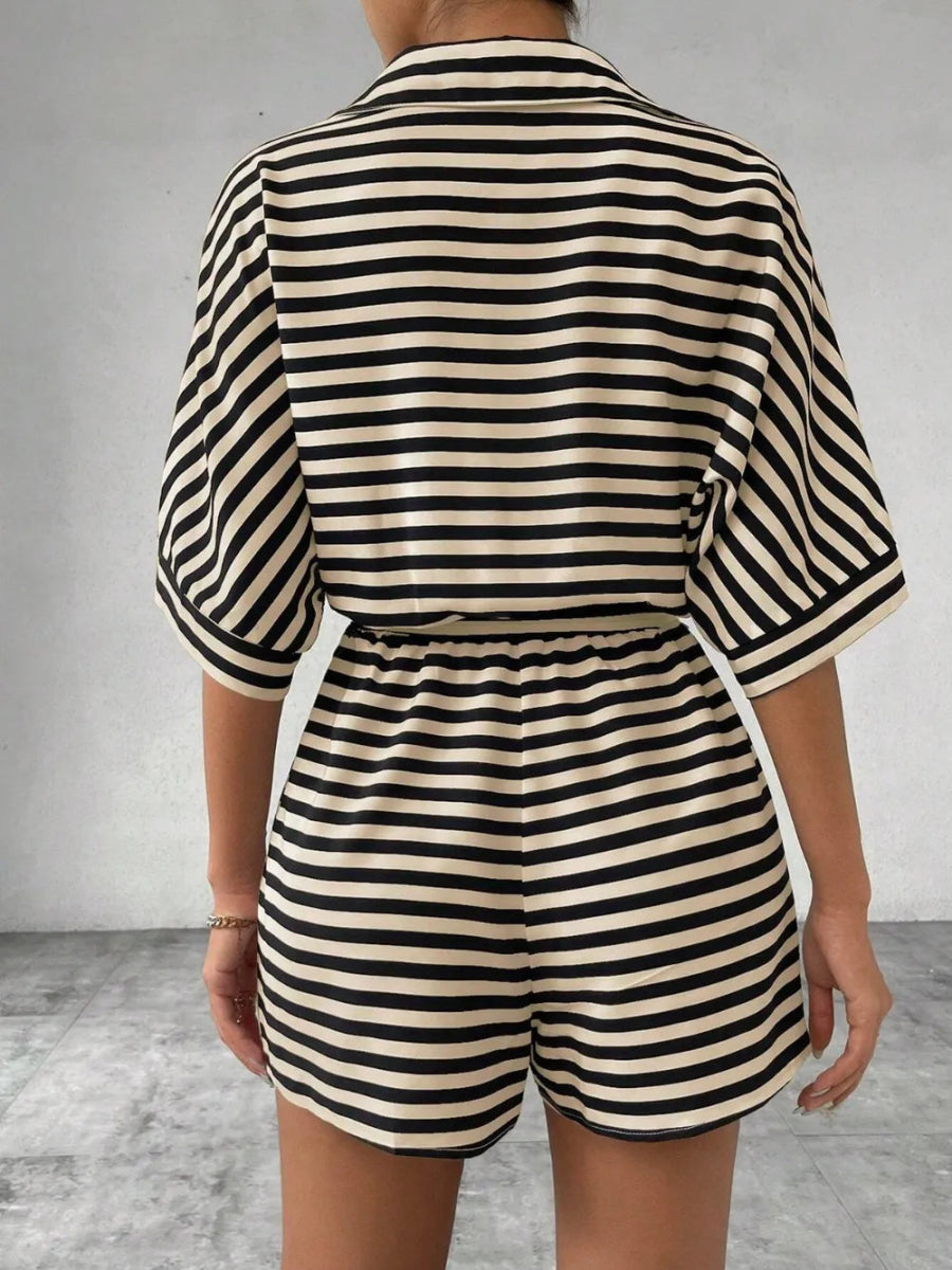 Tie Waist Half Button Striped Romper-Nordavory