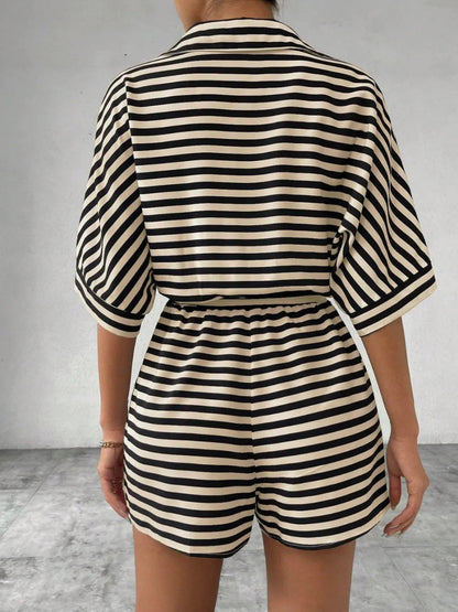 Tie Waist Half Button Striped Romper-Nordavory