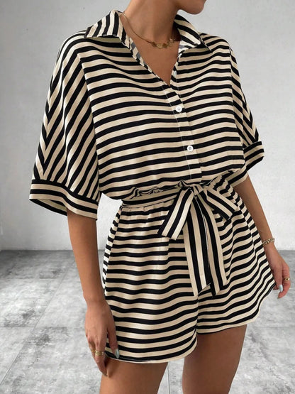 Tie Waist Half Button Striped Romper-Nordavory