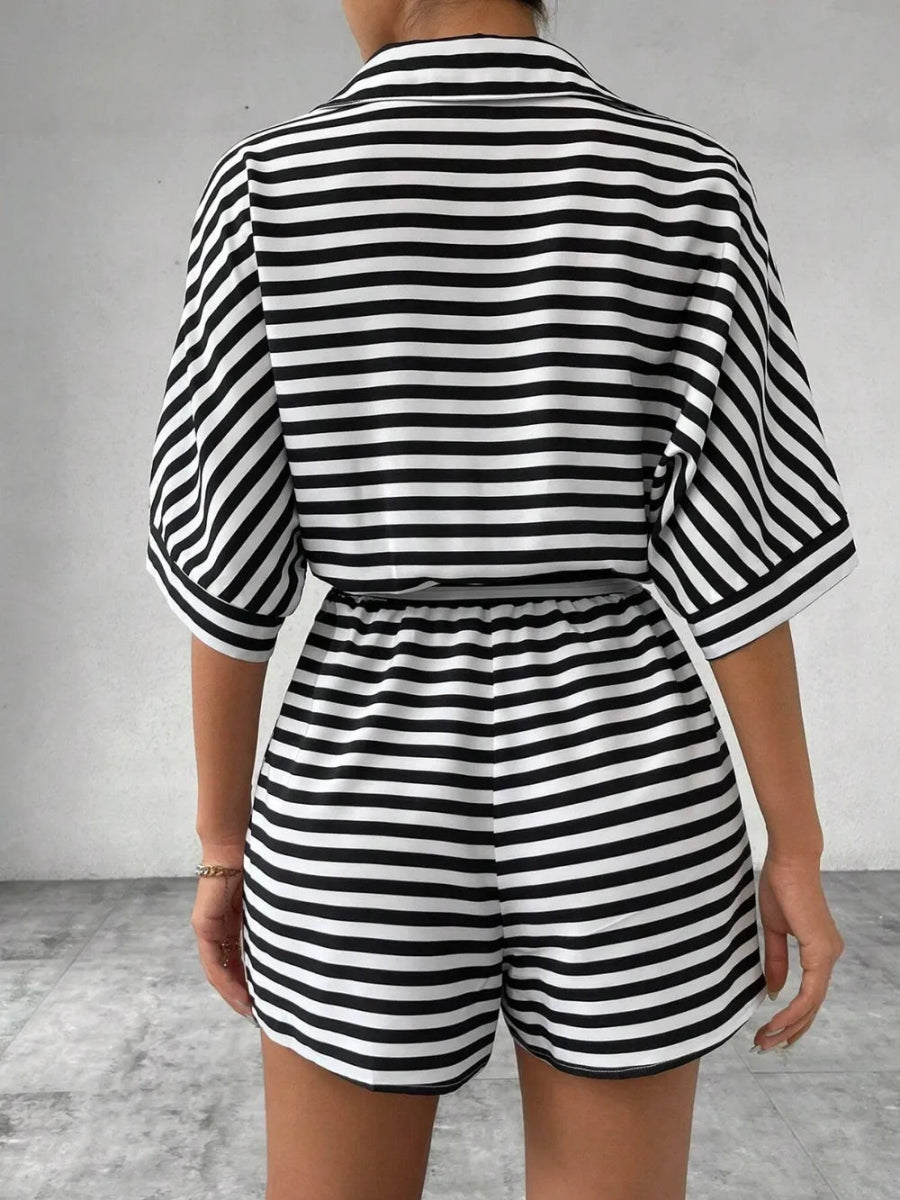 Tie Waist Half Button Striped Romper-Nordavory