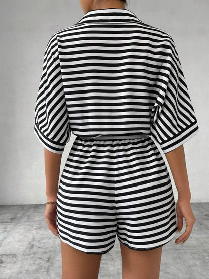 Tie Waist Half Button Striped Romper-Nordavory