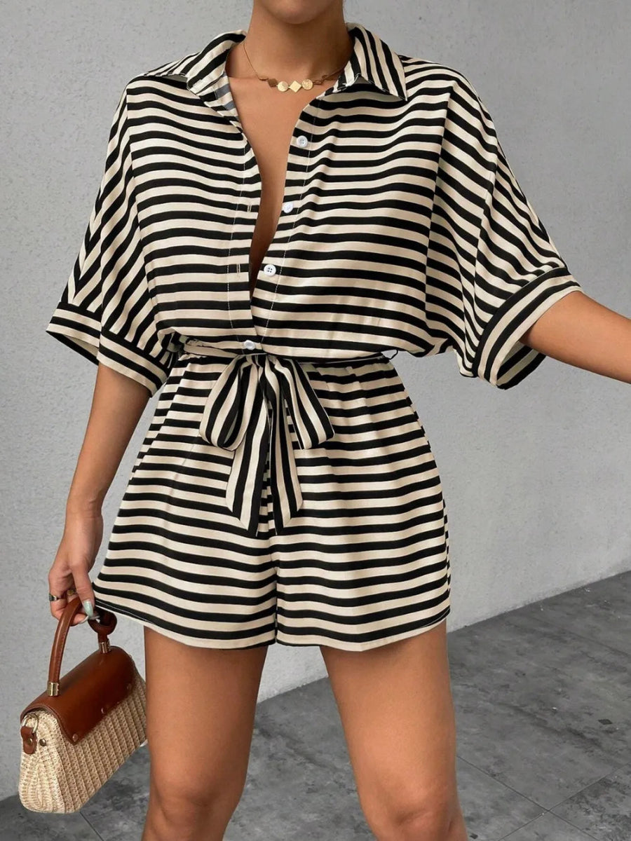 Tie Waist Half Button Striped Romper-Nordavory