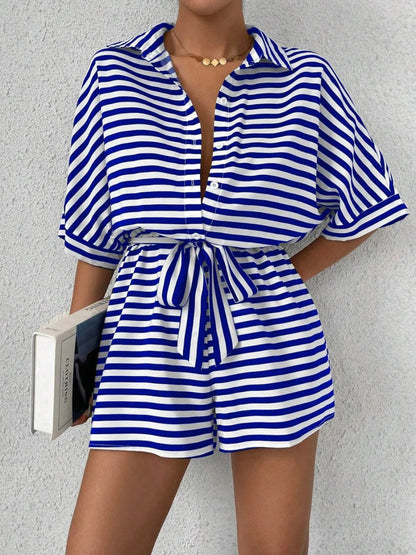 Tie Waist Half Button Striped Romper-Nordavory