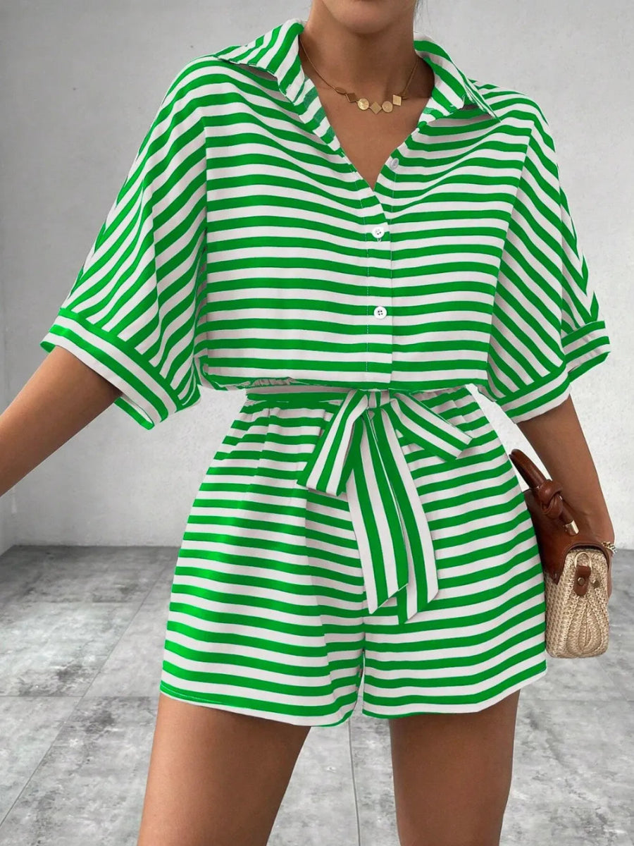 Tie Waist Half Button Striped Romper-Nordavory