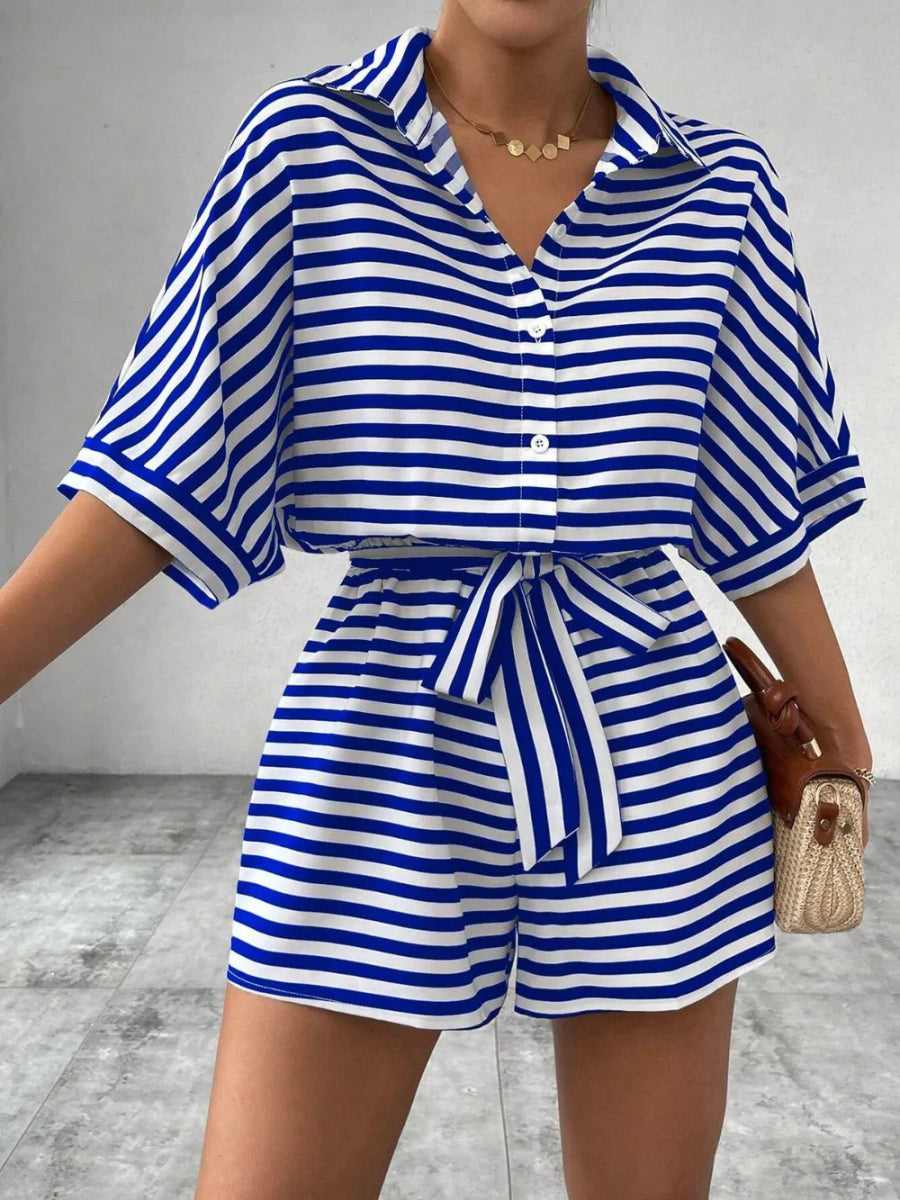 Tie Waist Half Button Striped Romper-Nordavory