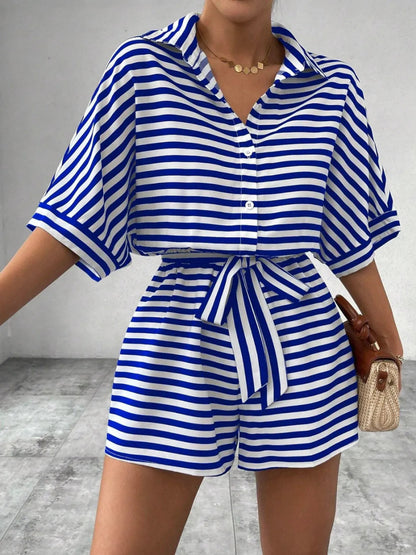 Tie Waist Half Button Striped Romper-Nordavory