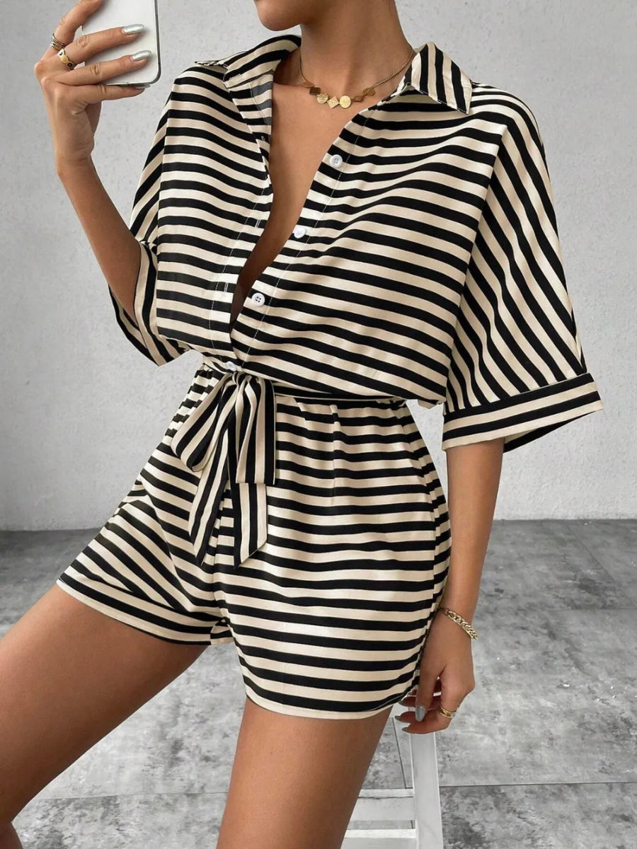 Tie Waist Half Button Striped Romper-Nordavory
