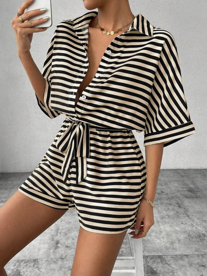 Tie Waist Half Button Striped Romper-Nordavory