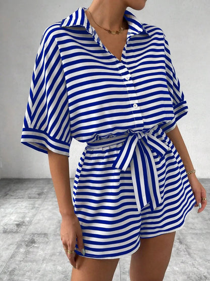 Tie Waist Half Button Striped Romper-Nordavory