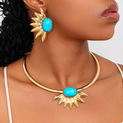 Turquoise Sunflower Necklace and Earrings Jewelry Set-Nordavory