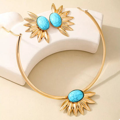 Turquoise Sunflower Necklace and Earrings Jewelry Set-Nordavory