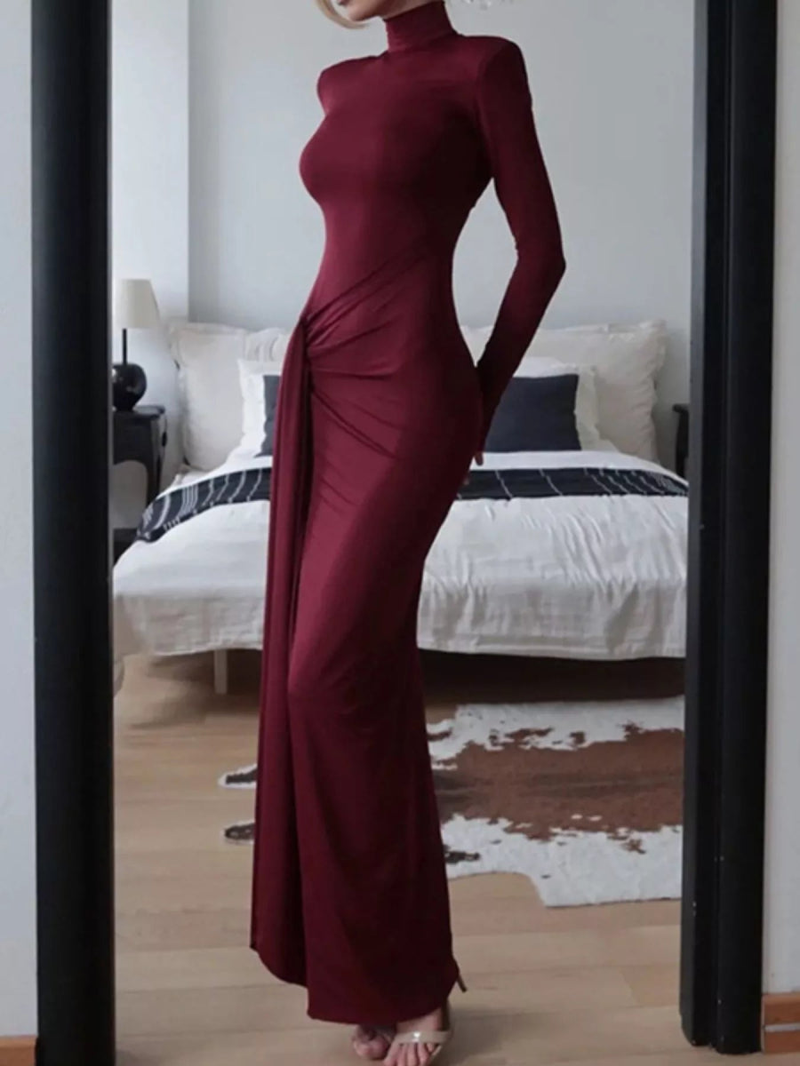 Turtleneck Long Sleeve Slit Maxi Dress-Nordavory
