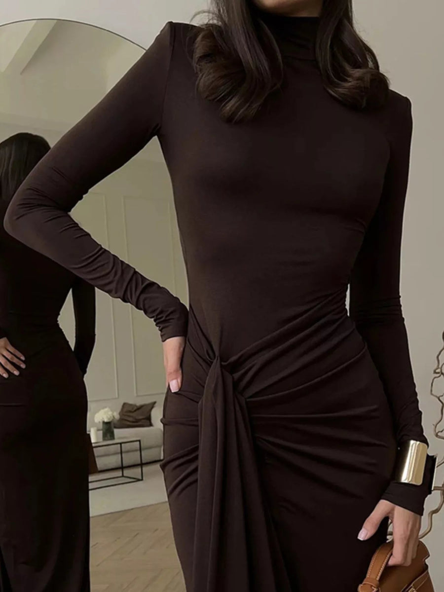 Turtleneck Long Sleeve Slit Maxi Dress-Nordavory