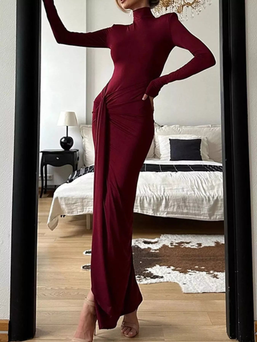 Turtleneck Long Sleeve Slit Maxi Dress-Nordavory