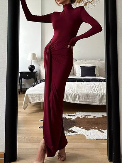 Turtleneck Long Sleeve Slit Maxi Dress-Nordavory