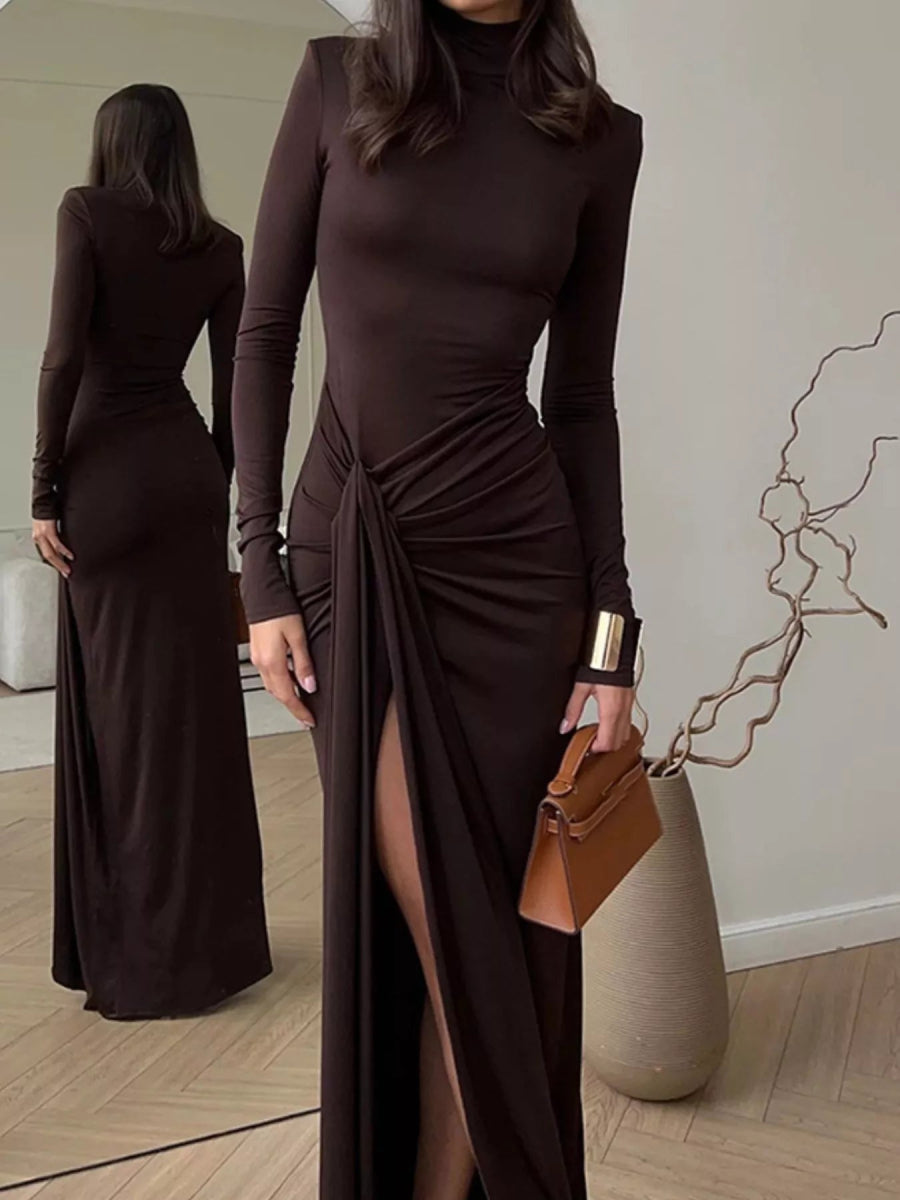Turtleneck Long Sleeve Slit Maxi Dress-Nordavory