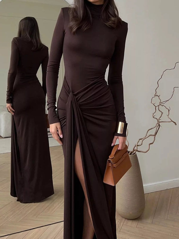 Turtleneck Long Sleeve Slit Maxi Dress-Nordavory