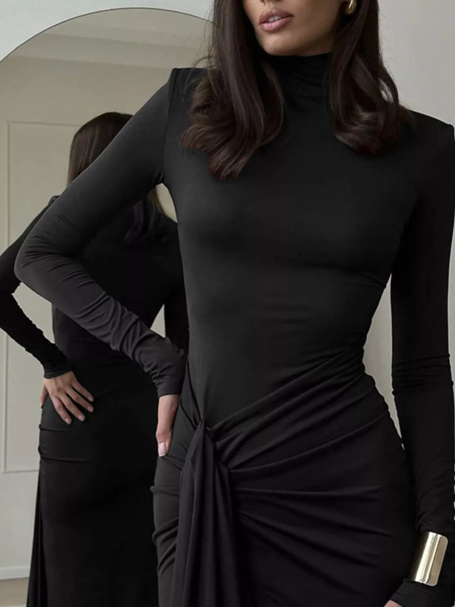Turtleneck Long Sleeve Slit Maxi Dress-Nordavory
