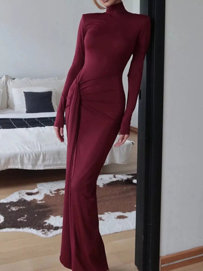 Turtleneck Long Sleeve Slit Maxi Dress-Nordavory