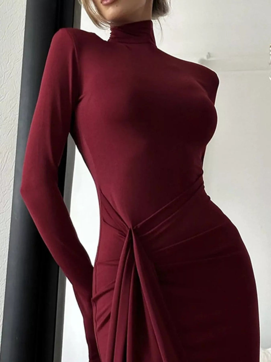 Turtleneck Long Sleeve Slit Maxi Dress-Nordavory