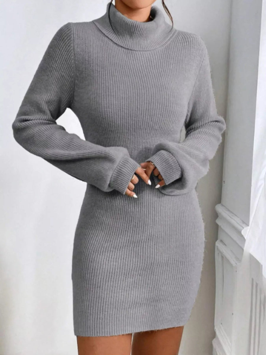 Turtleneck Ribbed Knit Sweater Dress-Nordavory