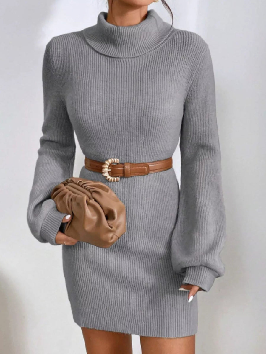 Turtleneck Ribbed Knit Sweater Dress-Nordavory