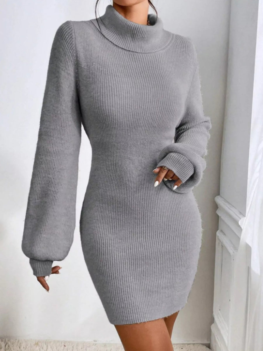 Turtleneck Ribbed Knit Sweater Dress-Nordavory