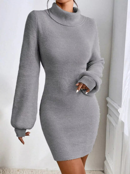 Turtleneck Ribbed Knit Sweater Dress-Nordavory