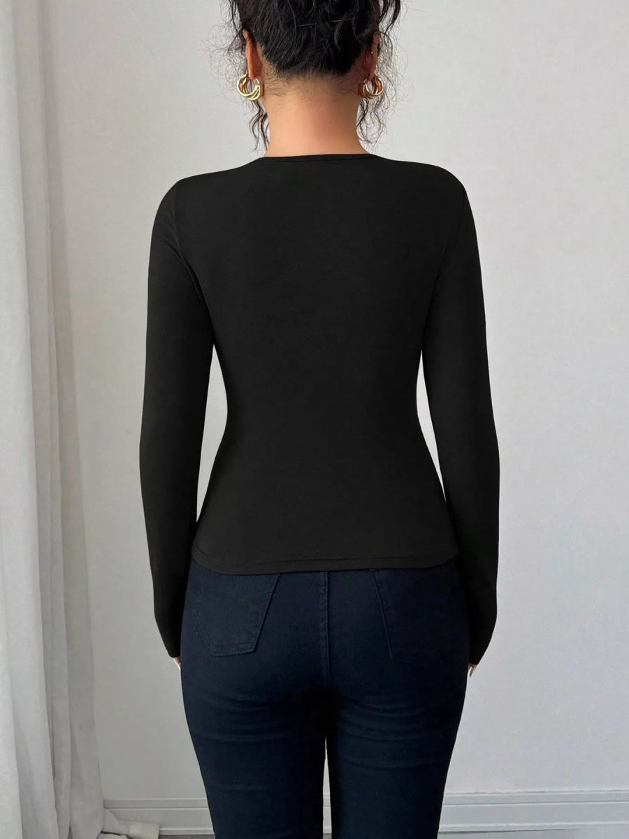 Twist Front Ring Detail Long Sleeve T-Shirt-Nordavory