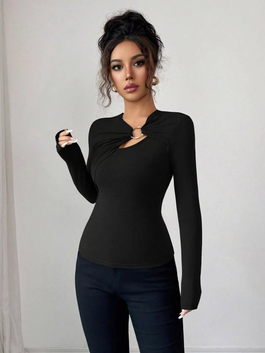 Twist Front Ring Detail Long Sleeve T-Shirt-Nordavory