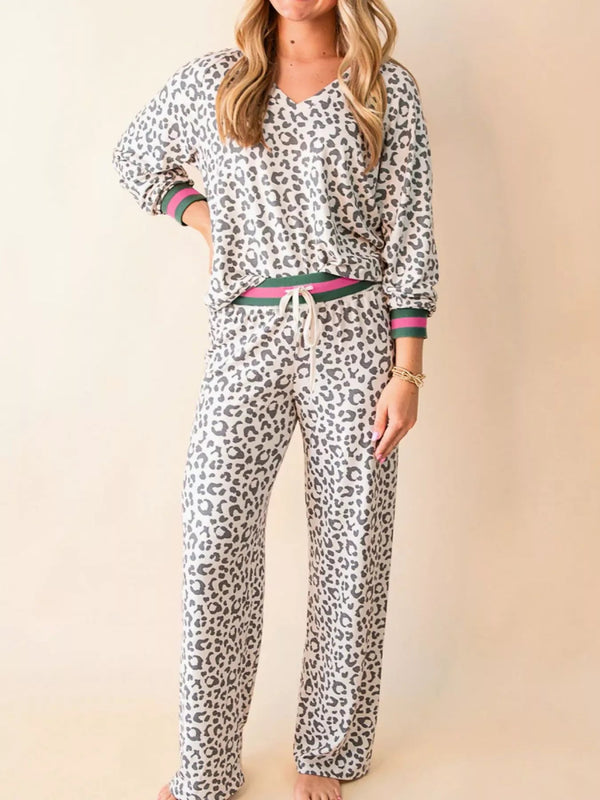 V Neck Leopard Long Sleeve Top Striped Webbing Patchwork Drawstring Pant Set-Nordavory