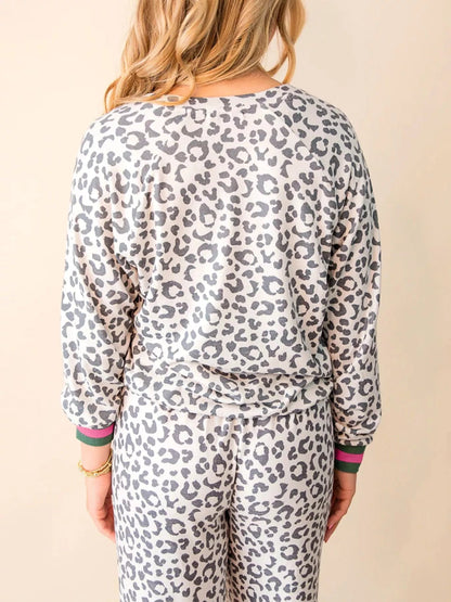 V Neck Leopard Long Sleeve Top Striped Webbing Patchwork Drawstring Pant Set-Nordavory