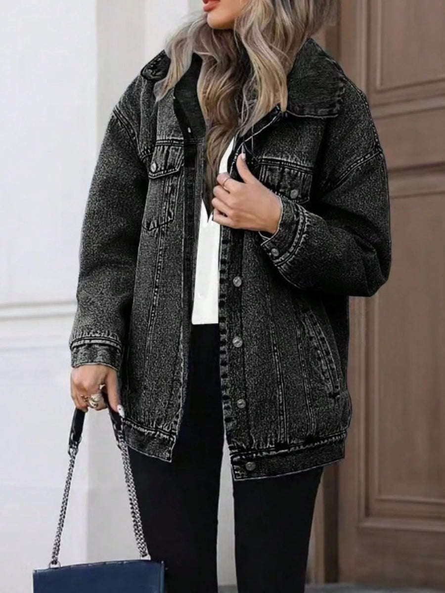 Washed Button Up Oversized Denim Jacket-Nordavory