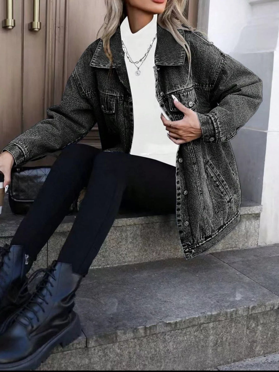 Washed Button Up Oversized Denim Jacket-Nordavory