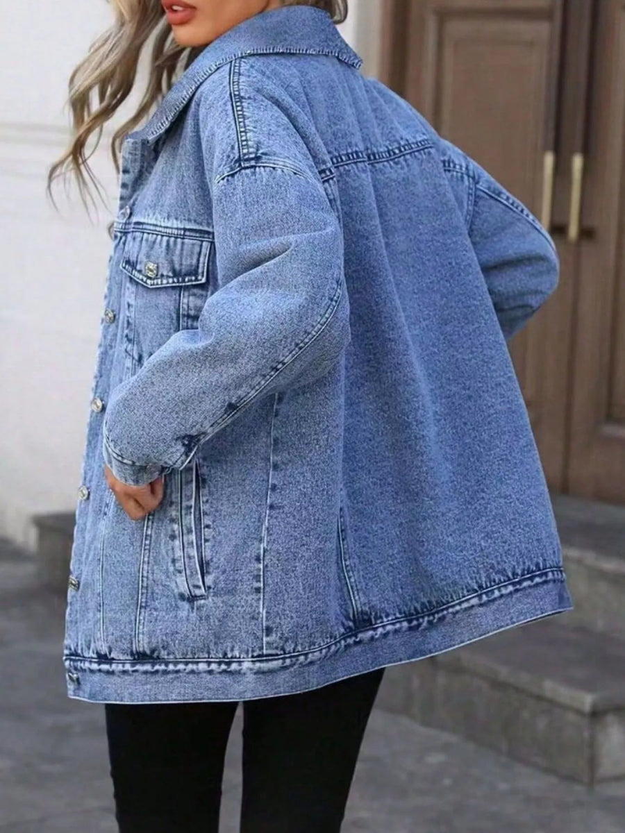 Washed Button Up Oversized Denim Jacket-Nordavory