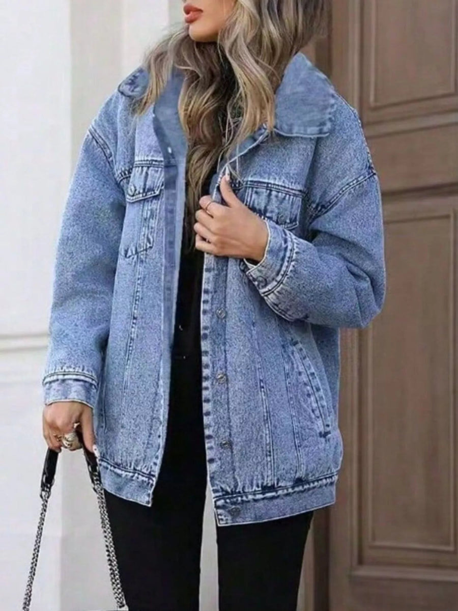 Washed Button Up Oversized Denim Jacket-Nordavory