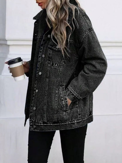 Washed Button Up Oversized Denim Jacket-Nordavory