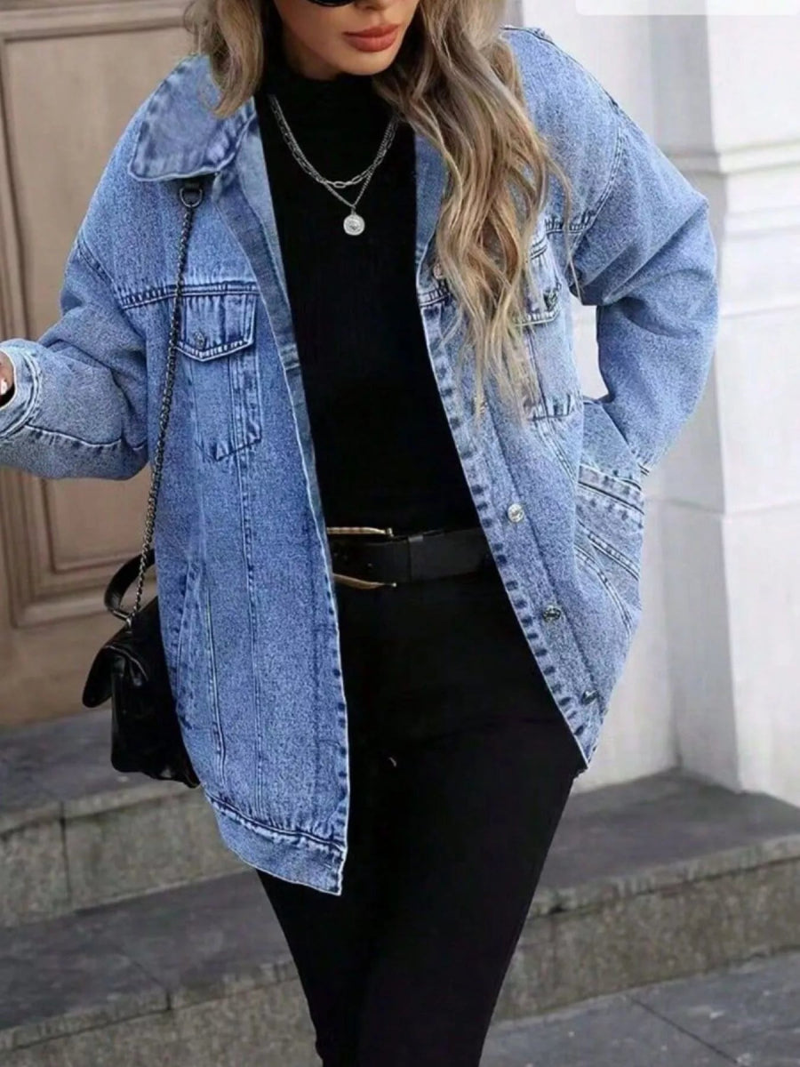 Washed Button Up Oversized Denim Jacket-Nordavory