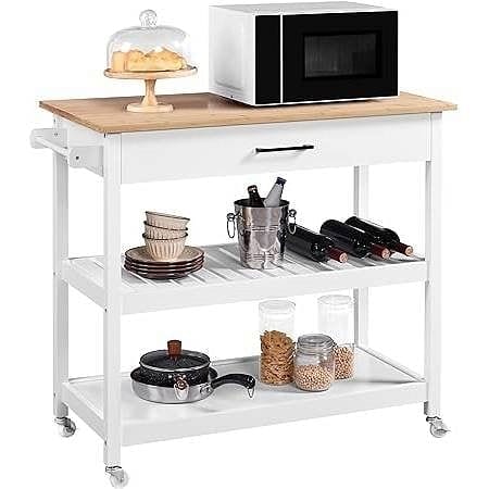 White Kitchen Island Cart with Drawer Storage Shelves and Locking - Nordavory