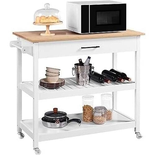 White Kitchen Island Cart with Drawer Storage Shelves and Locking Other nordavory