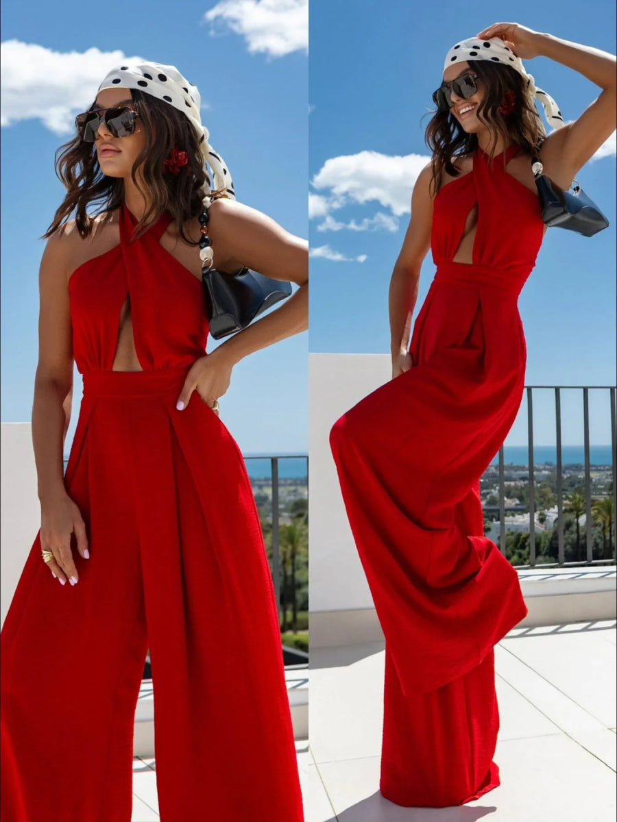 Wide Leg Cutout Halter Neck Jumpsuit-Nordavory