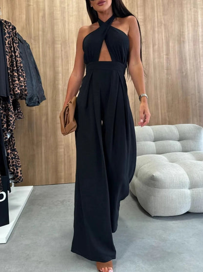 Wide Leg Cutout Halter Neck Jumpsuit-Nordavory