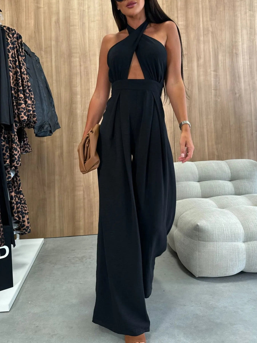 Wide Leg Cutout Halter Neck Jumpsuit-Nordavory