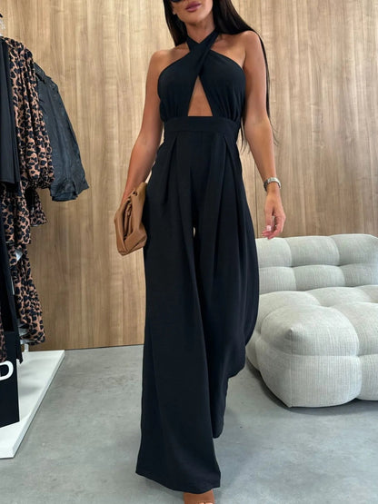 Wide Leg Cutout Halter Neck Jumpsuit-Nordavory
