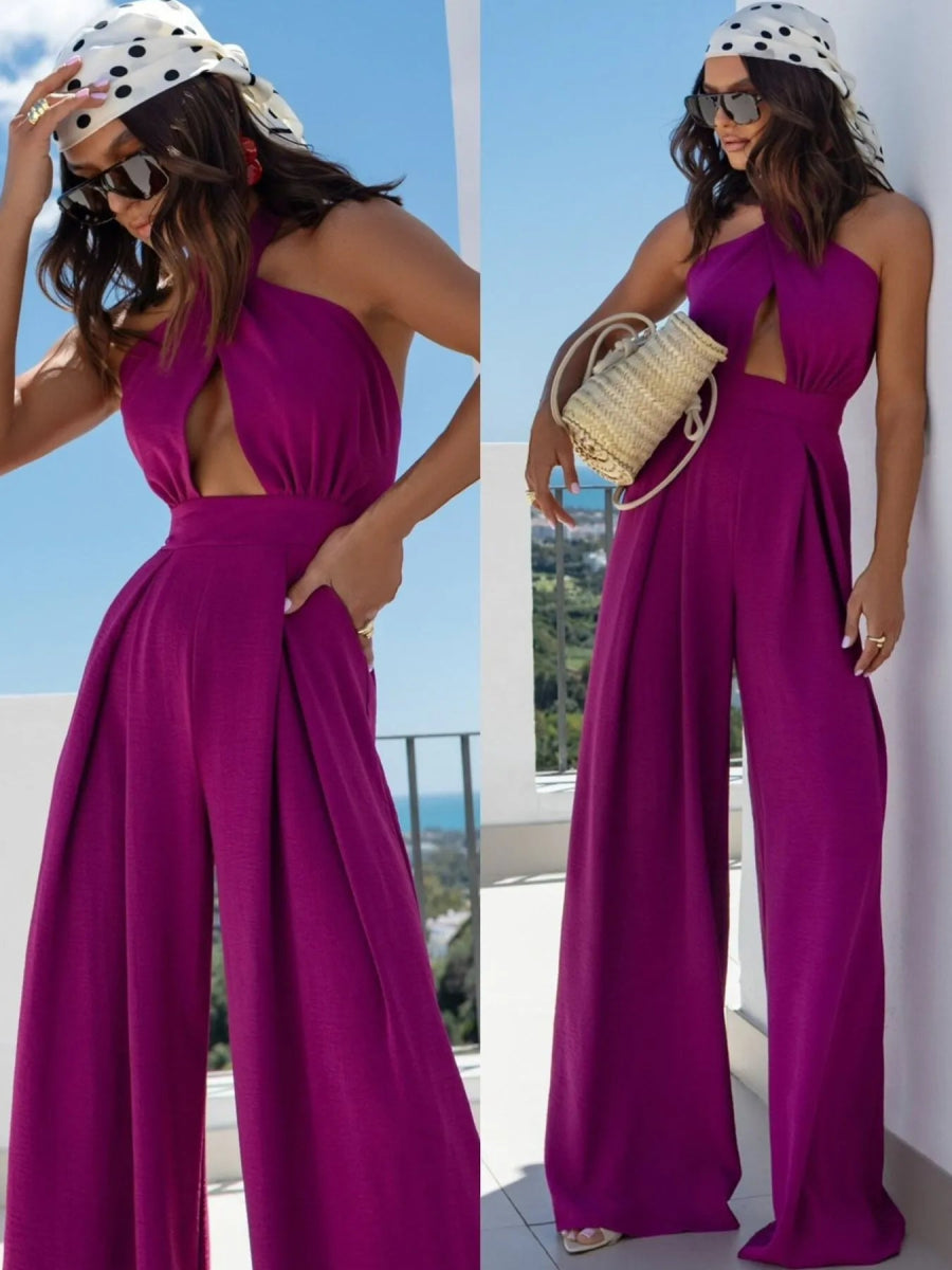 Wide Leg Cutout Halter Neck Jumpsuit-Nordavory