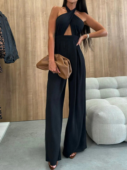 Wide Leg Cutout Halter Neck Jumpsuit-Nordavory