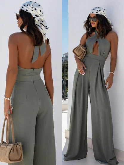 Wide Leg Cutout Halter Neck Jumpsuit-Nordavory