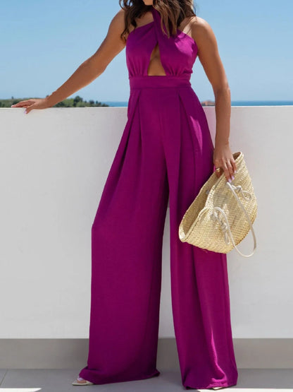 Wide Leg Cutout Halter Neck Jumpsuit-Nordavory