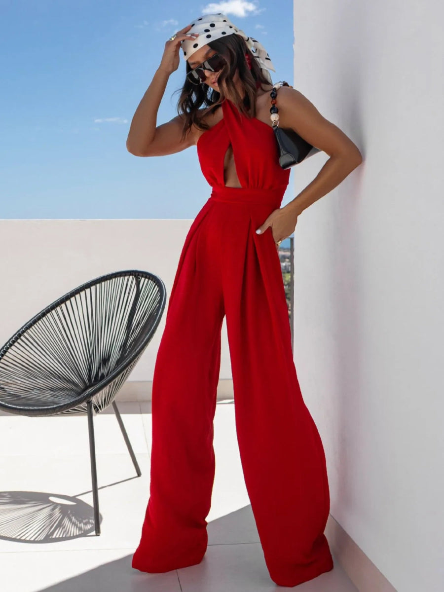 Wide Leg Cutout Halter Neck Jumpsuit-Nordavory